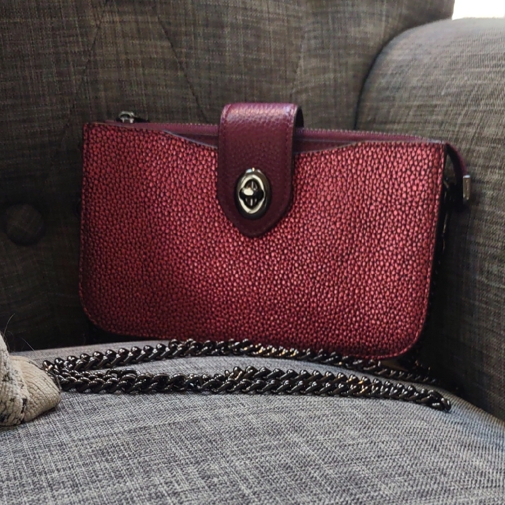 Coach Red Pebbled Leather Clutch Wallet with Metallic Chain